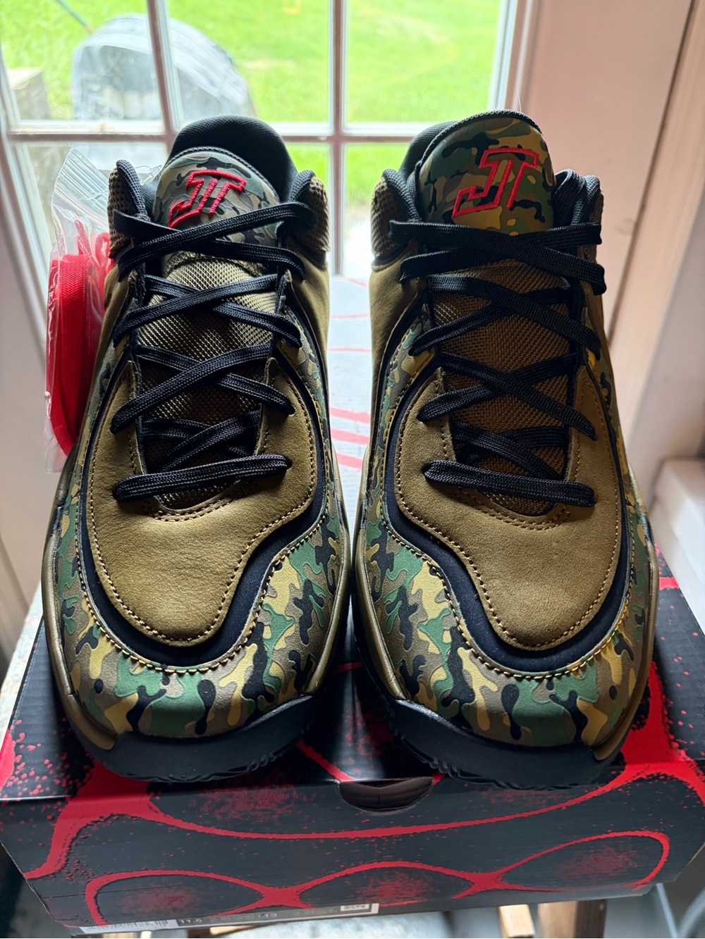 Jordan Men’s Camouflage Low-Top Sneakers in Olive, Black & Red Logo Tatum